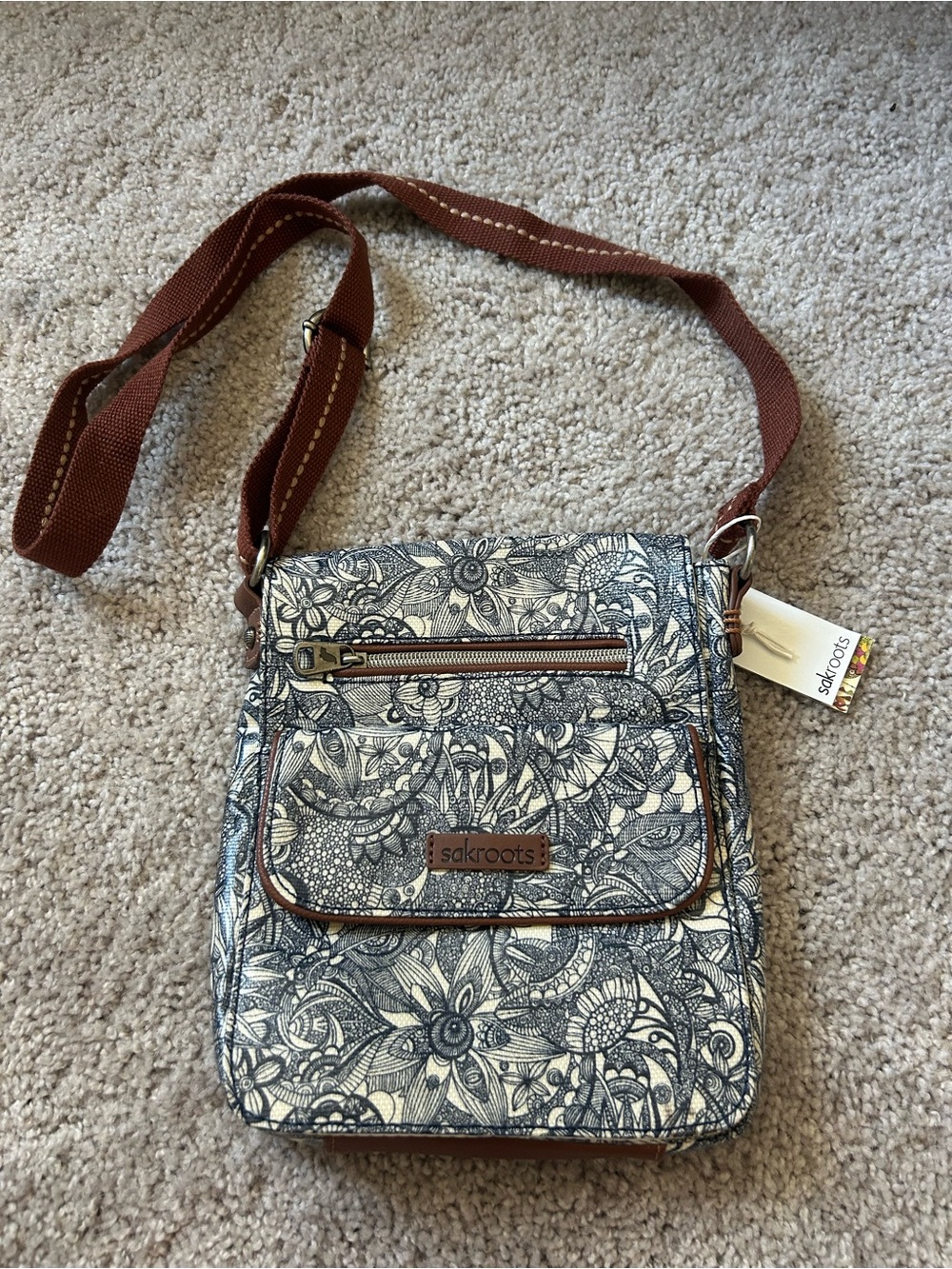 Sakroots Navy Floral Crossbody with Brown Strap